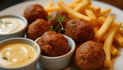 Comfort Meal Featuring Traditional Meatballs Served With Crispy French Fries And Sauces