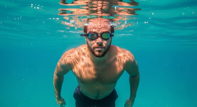 A man with swimming goggles underwater in clear blue water looking directly at the camera lens
