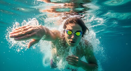 Fototapeta premium A swimmer with goggles underwater, arm extended, surrounded by bubbles in clear turquoise water