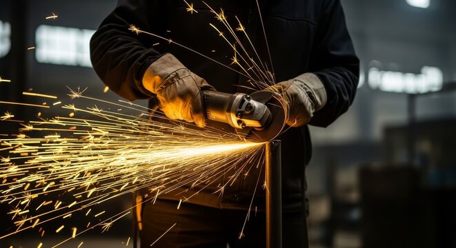 A worker grinding metal with an angle grinder creating bright sparks in a dark environment indoors