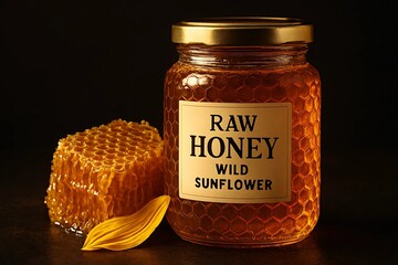 Raw Wild Sunflower Honey Jar with Honeycomb and Petal on Dark Background