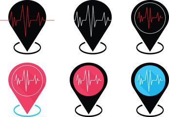 Location pin icons with heartbeat and ECG line symbols.