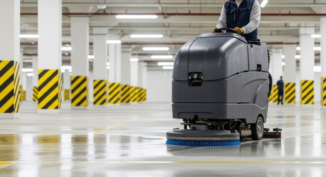 Man operating floor scrubber in parking garage with yellow and black striped support columns visible