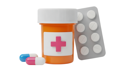 3d illustration of medicine bottle with pills and blister pack isolated on transparent background