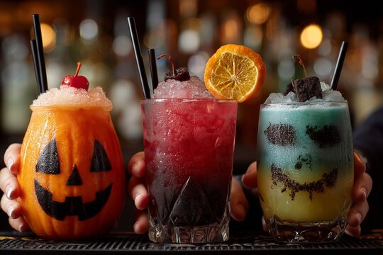 Three colorful Halloween-themed cocktails with festive decorations and garnishes.