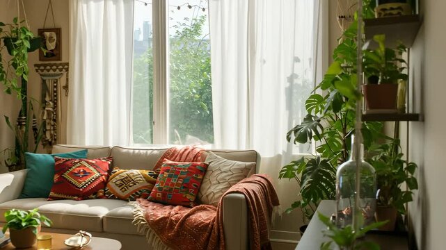 Beautiful bohemian living room filled with various houseplants, macrame decor, and cozy eclectic furniture.