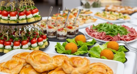 A buffet table filled with various appetizers including skewers pastries and small desserts in glasses