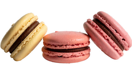 Three colorful macarons, two pink and one cream, filled with chocolate, isolated on a transparent background