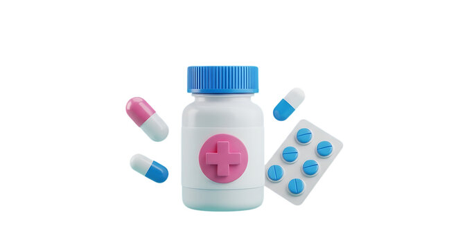 3d illustration of medicine bottle with pills and blister pack isolated on transparent background
