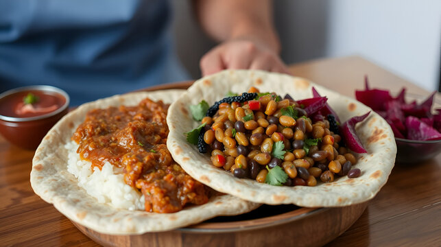 Ethiopian misir wot and gomen on injera with lentil salad and beets