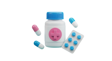 3d illustration of medical pills and bottle isolated on transparent background