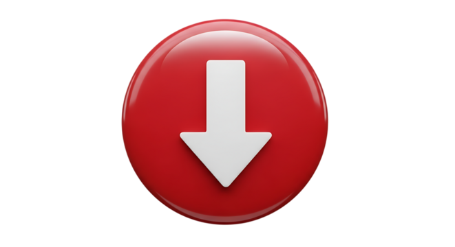 3d illustration of red circle with white down arrow isolated on transparent background