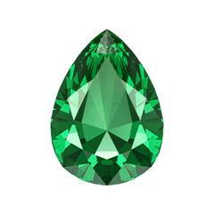 A single, faceted, pearshaped emerald gemstone isolated on a transparent background