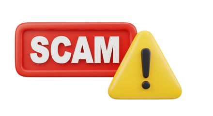 3d illustration of scam warning sign with exclamation mark isolated on transparent background