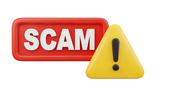 3d illustration of scam warning sign with exclamation mark isolated on transparent background