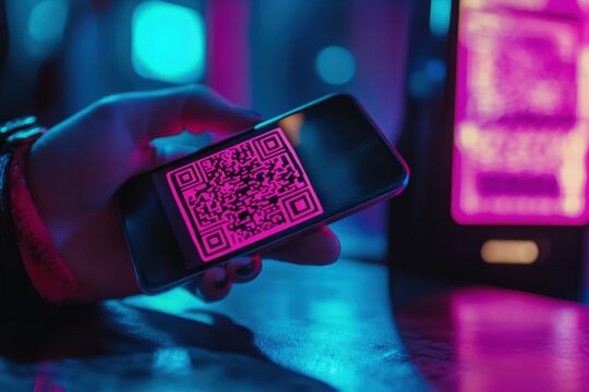 Adult hand holding smartphone with glowing QR code in vibrant neon setting