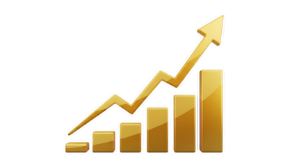 3d illustration of golden bar graph with an upward trending arrow indicating growth, isolated on transparent background