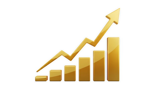 3d illustration of golden bar graph with an upward trending arrow indicating growth, isolated on transparent background