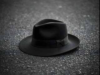 Black and white photograph of a fedora hat placed on the ground, symbolizing mystery, noir style, absence, or a forgotten moment