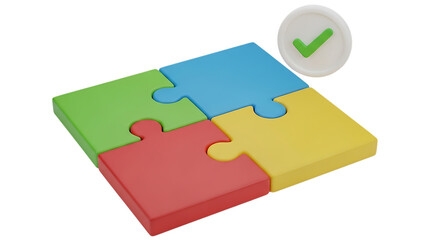 3d illustration of four colorful puzzle pieces forming a square with a checkmark isolated on transparent background