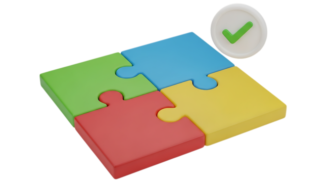 3d illustration of four colorful puzzle pieces forming a square with a checkmark isolated on transparent background