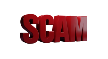 3d illustration of red 3d text spelling out scam, isolated on transparent background