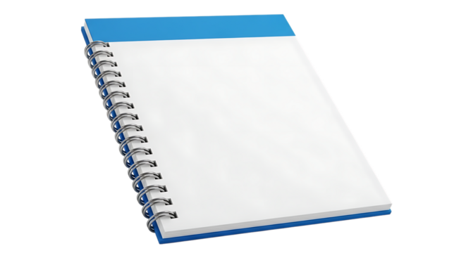 3d illustration of spiral bound notebook with blank pages, isolated on transparent background