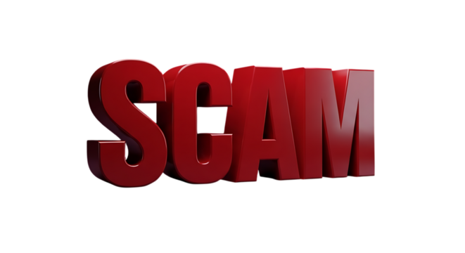 3d illustration of red 3d text spelling out scam, isolated on transparent background