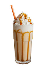 Caramel milkshake with whipped cream and caramel drizzle, isolated on transparent background