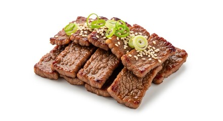 Grilled Korean BBQ Galbi beef slices with sesame and green onion garnish on a white background.