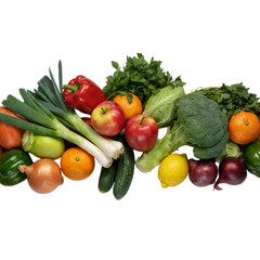 A vibrant assortment of fresh vegetables and fruits, including broccoli, apples, peppers, onions, and citrus, isolated on a transparent background