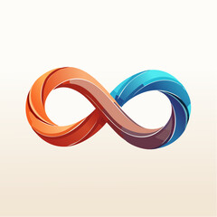 A stylized, colorful infinity symbol with a gradient of orange, brown, and blue, representing endlessness and continuity on a light background.