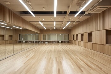 Dance studio with wooden paneling and wall mirrors for music video production, minimalist light wood design with symmetrical composition and soft lighting
