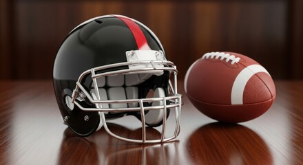 American football helmet and ball on wooden table, symbol of sport, safety, and competition.