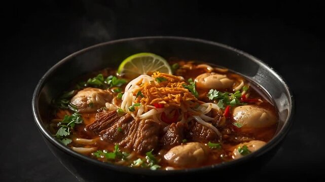 Traditional Thai Noodle Soup with Beef and Herbs