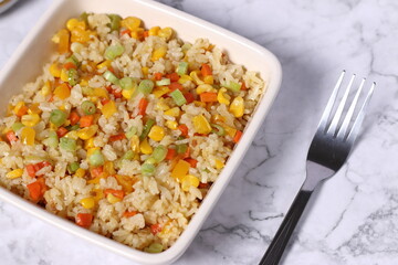 Vegetarian Fried Rice in a square serving dish close up