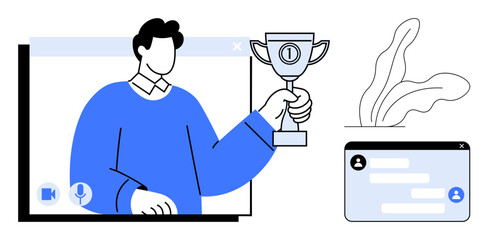 Person holding trophy through video call interface, congratulatory moment online. Ideal for achievement, teamwork, remote collaboration, success stories, recognition, virtual events, simple landing