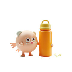 Fototapeta premium A cheerful cartoon character stands next to an orange water bottle against a black background.