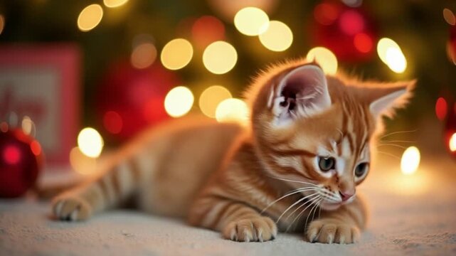 cute red kitten lies on bokeh background, christmas background