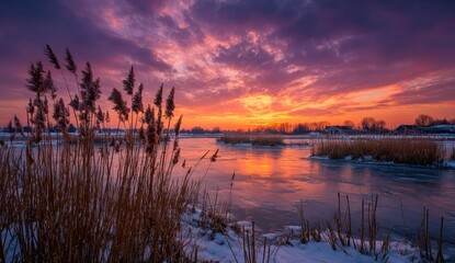 Obraz premium Winter sunset over frozen river