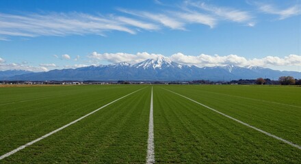 Serene Landscape Expansive Green Field Leading to Majestic Snow-Capped Mountains Under a Blue Sky