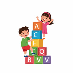Obraz premium Two cheerful children collaboratively build a colorful alphabet block tower, fostering teamwork and playful learning.