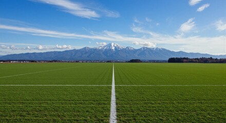 Majestic panoramic view of a vast, expansive field with a prominent white line, perfectly centered, stretching towards a snow-capped mountain range under a bright blue sky