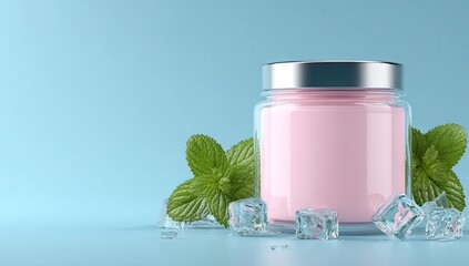 Pink skincare jar, mint leaves, ice cubes, blue background, product mockup