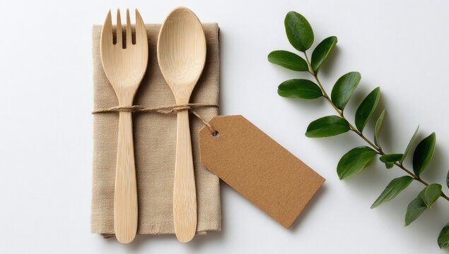 Eco-friendly cutlery on napkin, blank tag, greenery; sustainable dining, menu