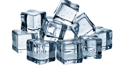 A pile of clear ice cubes, isolated on transparent background, representing coldness and refreshment