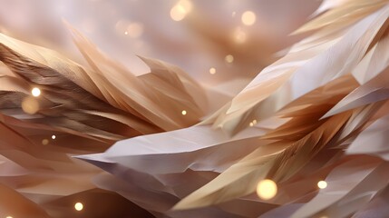 Low-poly feather cluster in warm mocha tones, faceted geometric shapes, soft golden highlights, textured matte surface, minimalist layout, layered transparency, gentle airflow, soft glow overlay