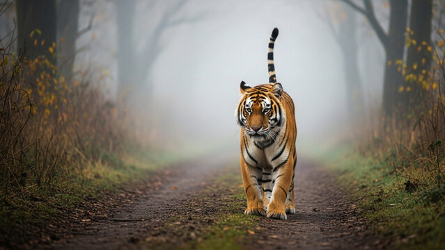 A majestic tiger walks along a misty path in the forest capturing its powerful presence