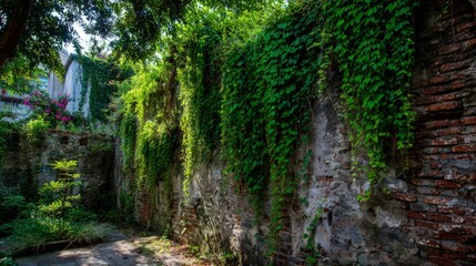 Overgrown Brick Alleyway With Lush Vines