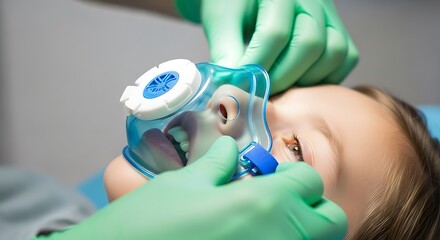 Little girl receiving dental treatment with inhalation sedation mask for anxiety management and pediatric dental care